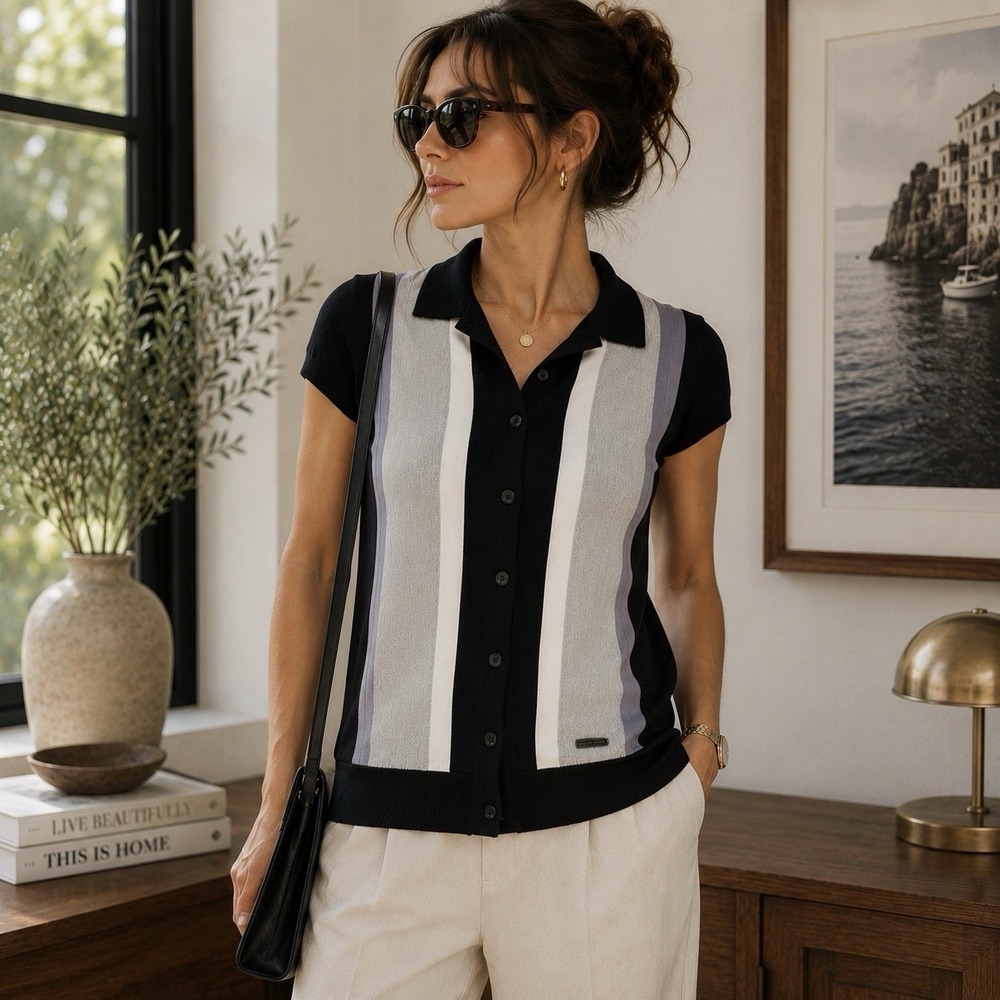 Scott James Womens Medium Knit Polo Sweater Retro Mod Old Money Striped Top